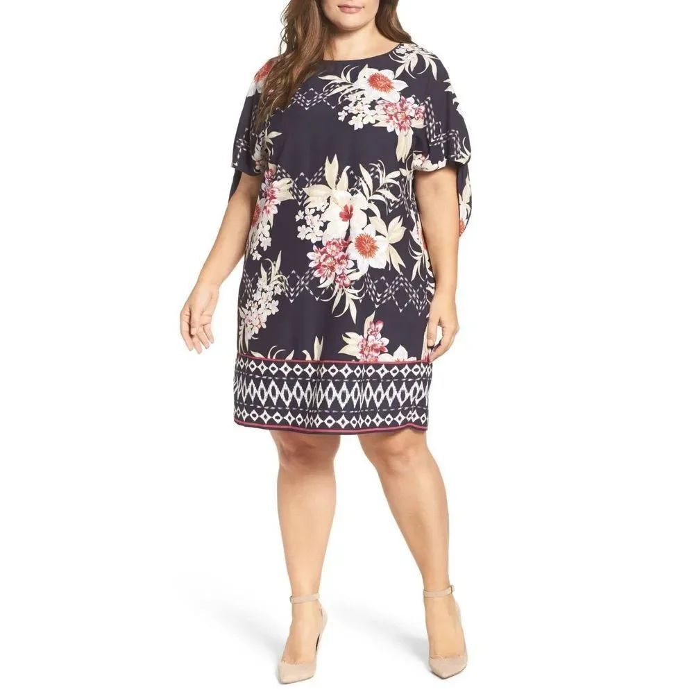 🔥🔥5 for $25🔥🔥 Vince Camuto Women's Floral Tie Sleeve Shift Dress Blue Size 14